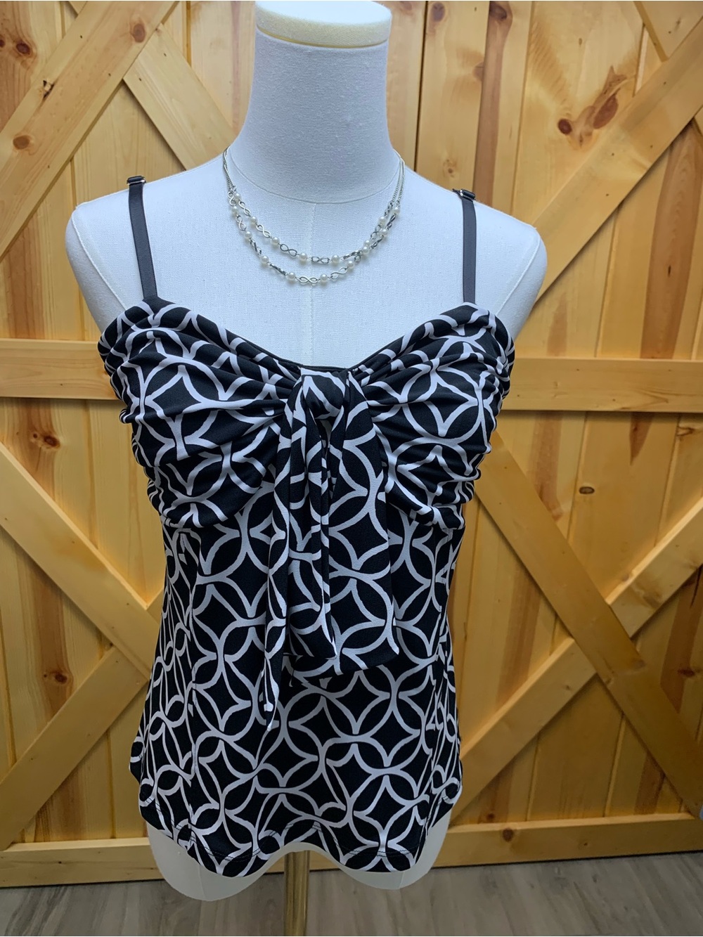WHBM Black White Edgy Geometric Tie-Front Cami Sleek Avant Garde Y2K